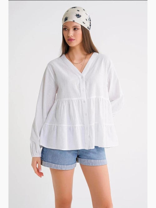 Camisa de algodón de manga larga con cuello en v y volantes mixray - Kiabi Camisa de algodón de manga larga con cuello en v y volantes mixray - Kiabi