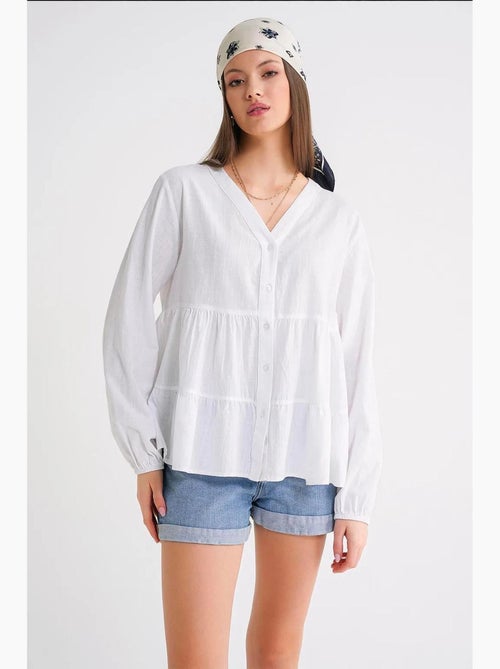 Camisa de algodón de manga larga con cuello en v y volantes mixray - Kiabi Camisa de algodón de manga larga con cuello en v y volantes mixray - Kiabi