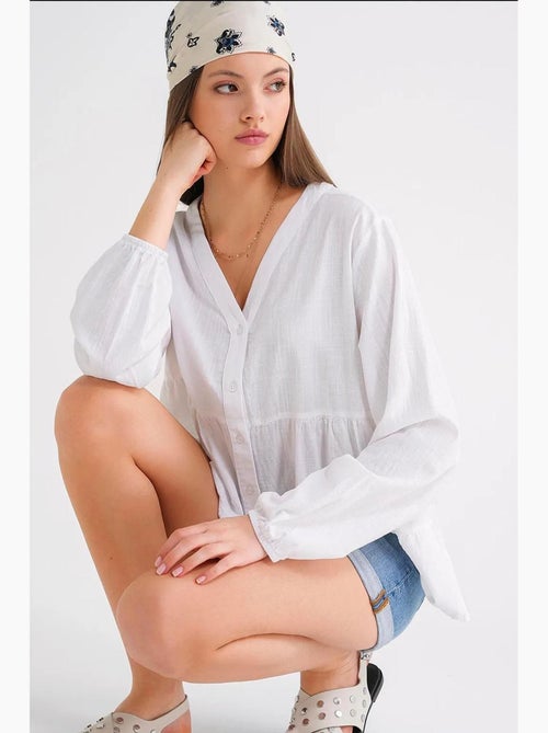 Camisa de algodón de manga larga con cuello en v y volantes mixray - Kiabi Camisa de algodón de manga larga con cuello en v y volantes mixray - Kiabi