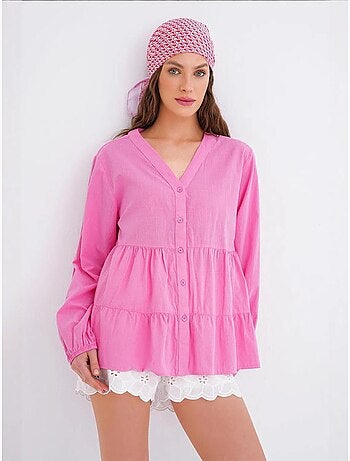 Camisa de algodón de manga larga con cuello en v y volantes mixray