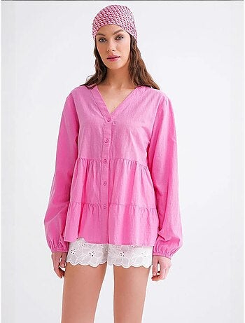 Camisa de algodón de manga larga con cuello en v y volantes mixray