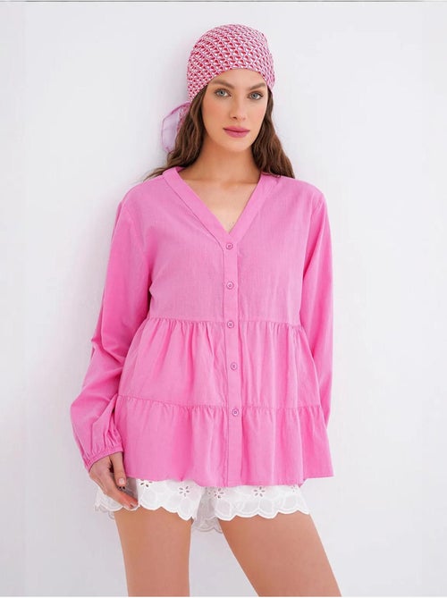 Camisa de algodón de manga larga con cuello en v y volantes mixray - Kiabi Camisa de algodón de manga larga con cuello en v y volantes mixray - Kiabi