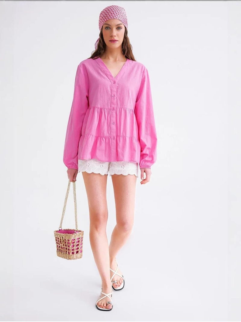Camisa de algodón de manga larga con cuello en v y volantes mixray Rosa pálido - Kiabi