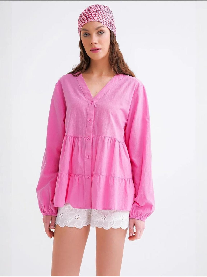 Camisa de algodón de manga larga con cuello en v y volantes mixray Rosa pálido - Kiabi