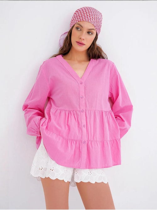 Camisa de algodón de manga larga con cuello en v y volantes mixray - Kiabi Camisa de algodón de manga larga con cuello en v y volantes mixray - Kiabi