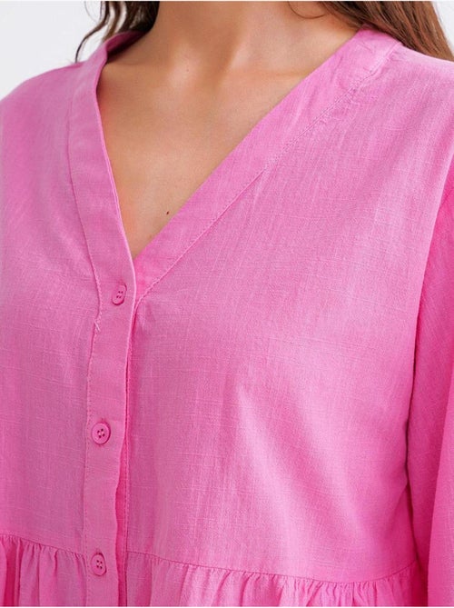 Camisa de algodón de manga larga con cuello en v y volantes mixray - Kiabi Camisa de algodón de manga larga con cuello en v y volantes mixray - Kiabi