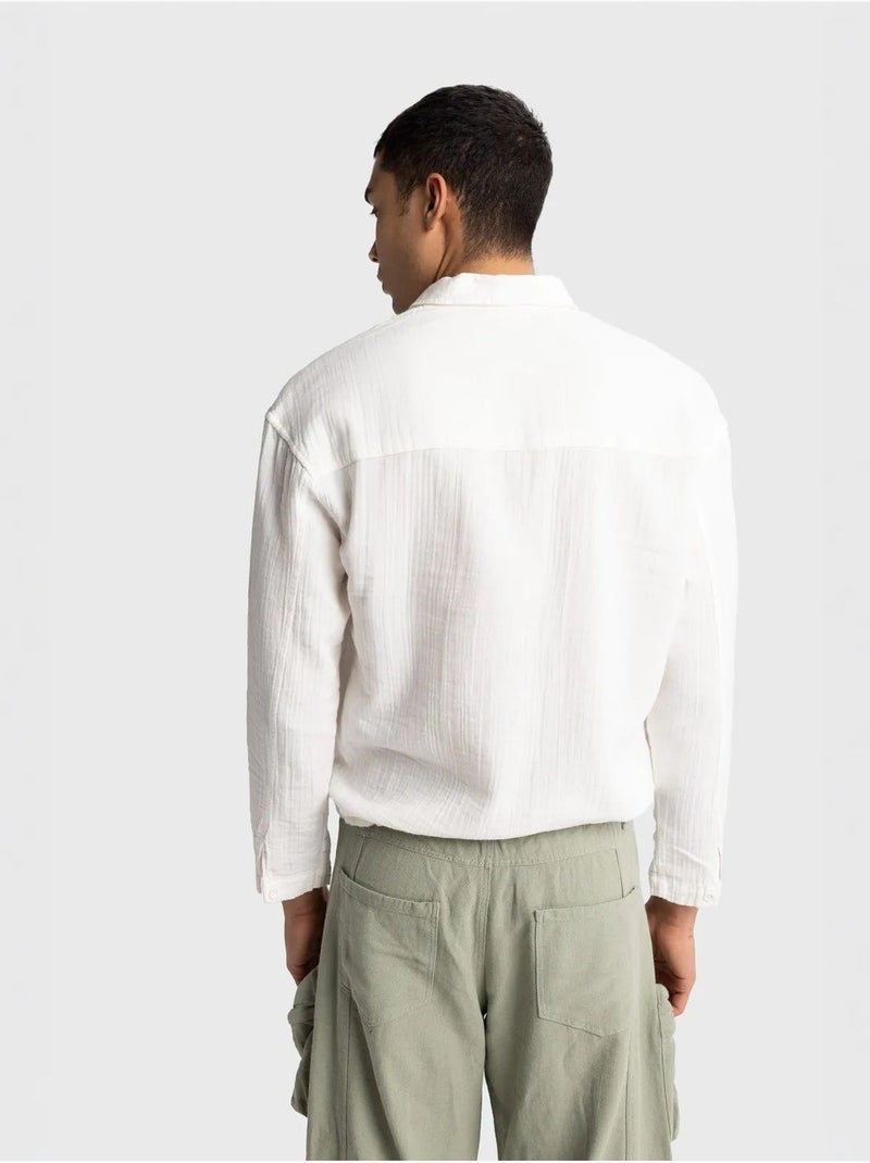 Camisa de algodón de manga larga de ajuste relajado con detalle de lazo giesto Blanco - Kiabi