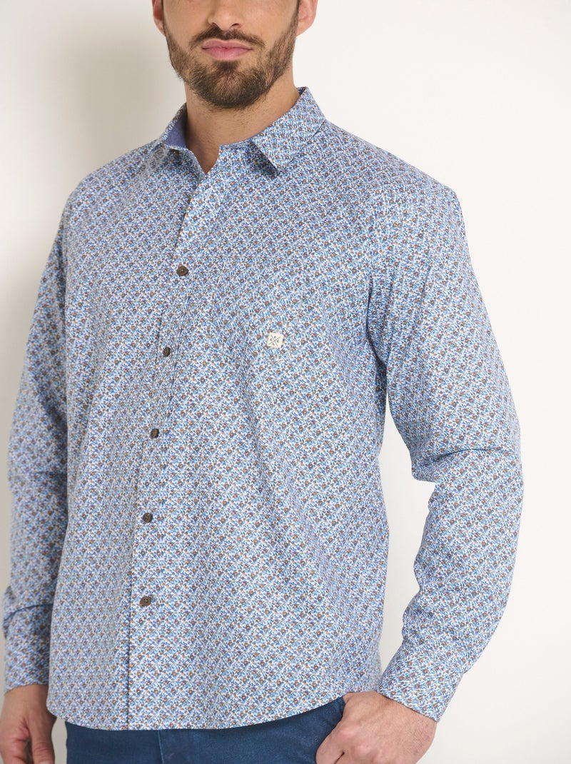 Camisa de algodón microestampado de manga larga - Afibel Azul - Kiabi