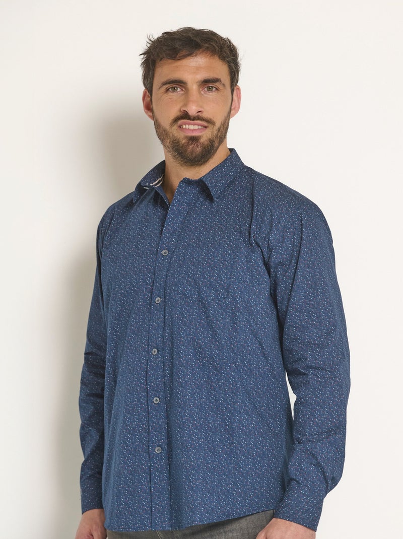 Camisa de algodón microestampado de manga larga - Afibel Azul marino - Kiabi