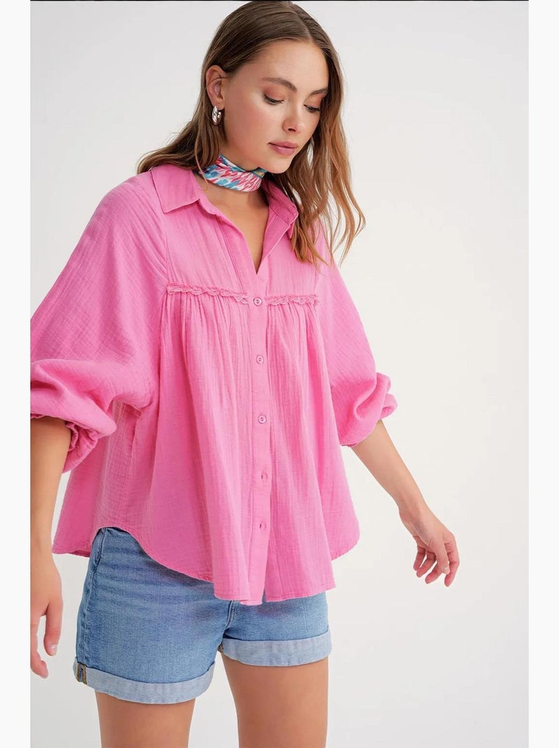 Camisa de algodón texturizado con botones mixray Rosa fluo/Solinotes - Kiabi