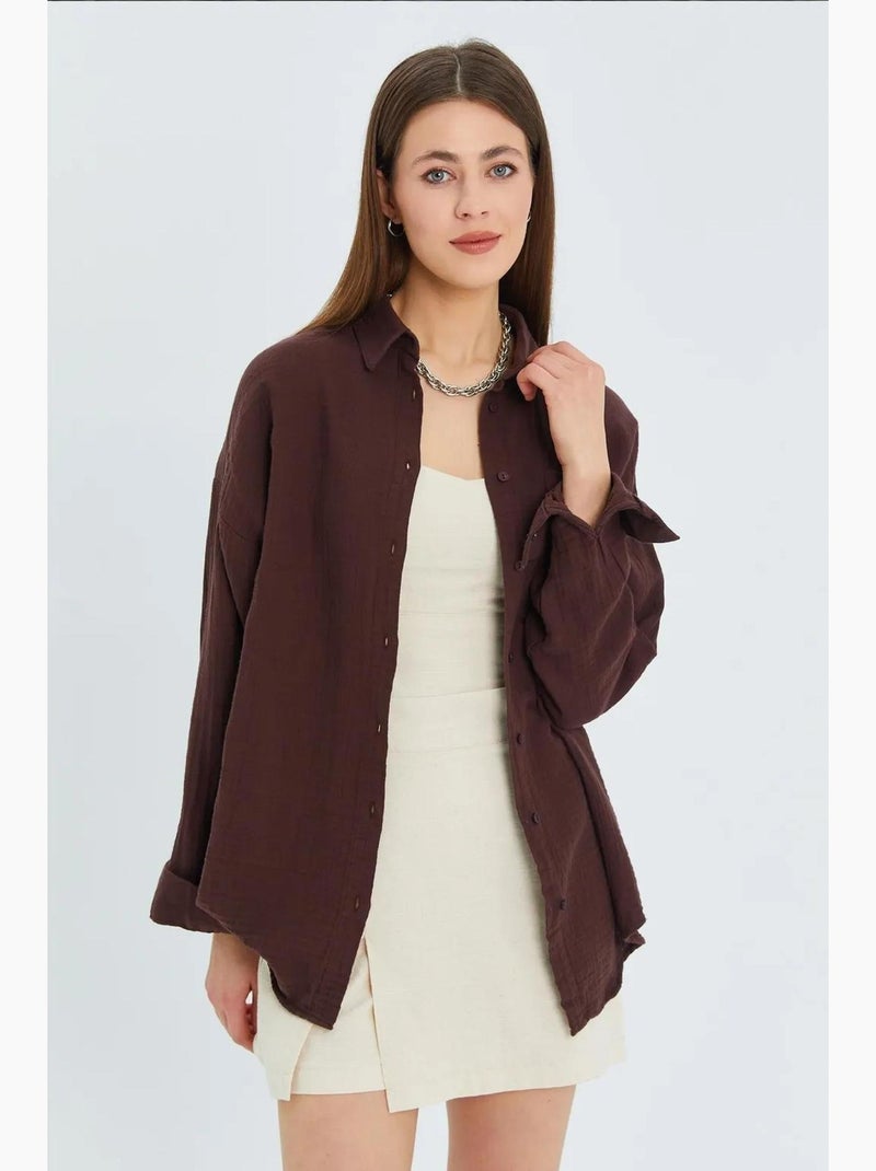 Camisa de algodón texturizado con botones y bolsillo mixray Marrón claro - Kiabi