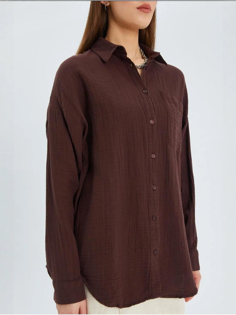Camisa de algodón texturizado con botones y bolsillo mixray Marrón claro - Kiabi