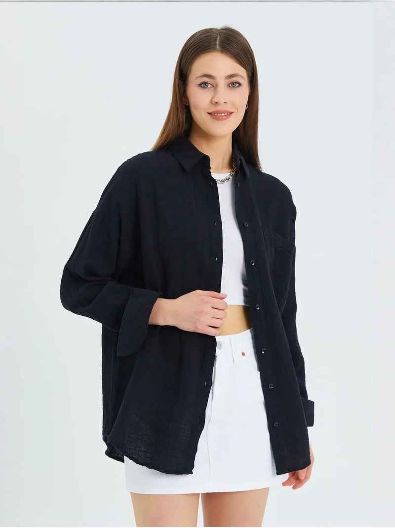 Camisa de algodón texturizado con botones y bolsillo mixray Negro - Kiabi