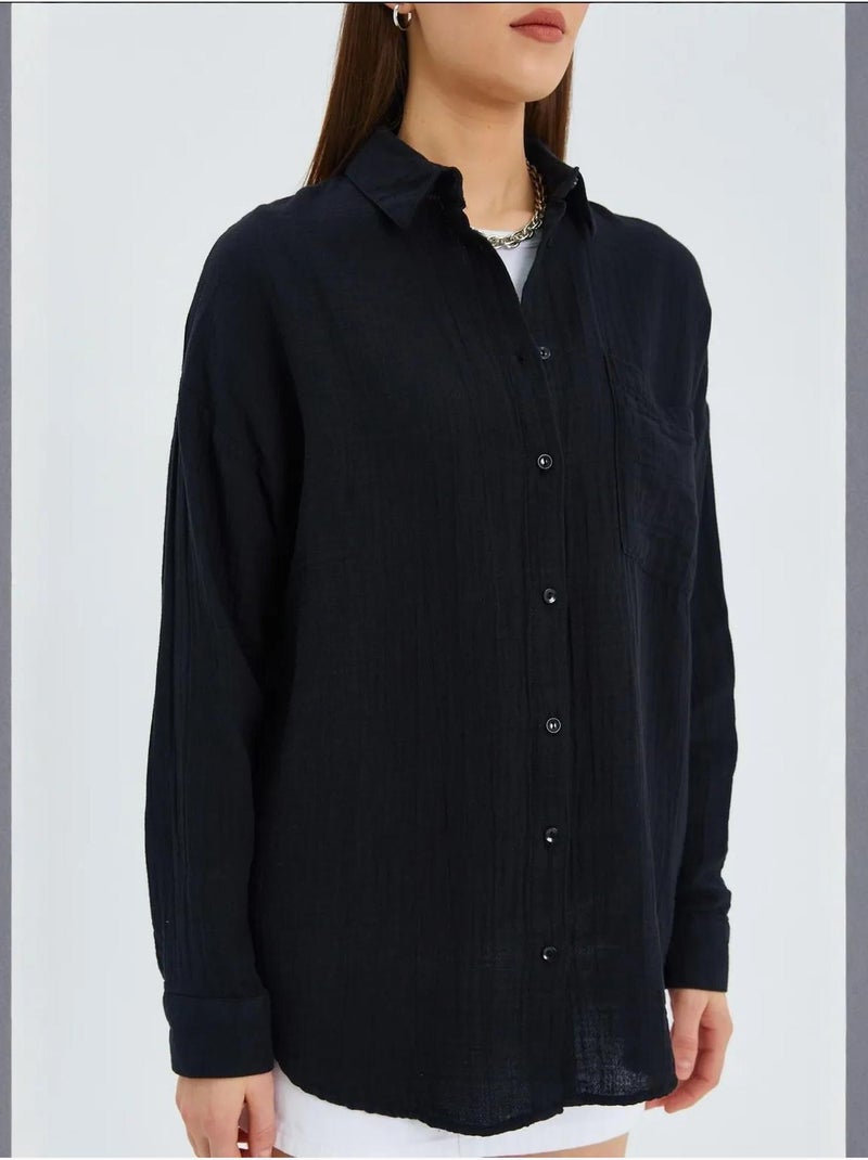 Camisa de algodón texturizado con botones y bolsillo mixray Negro - Kiabi