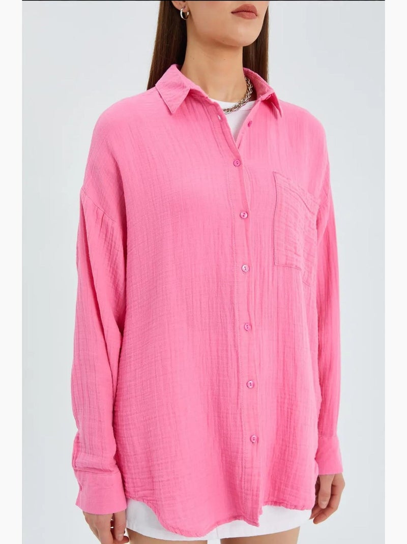Camisa de algodón texturizado con botones y bolsillo mixray Rosa fluo/Solinotes - Kiabi