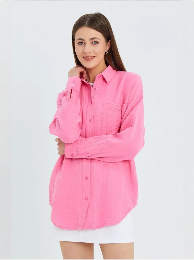 Camisa de algodón texturizado con botones y bolsillo mixray Rosa fluo/Solinotes - Kiabi