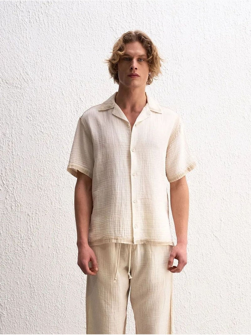 Camisa de algodón texturizado de manga corta para hombre giesto Crudo - Kiabi