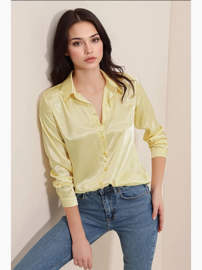 Camisa de botones de satén tejido bdart Amarillo limón - Kiabi