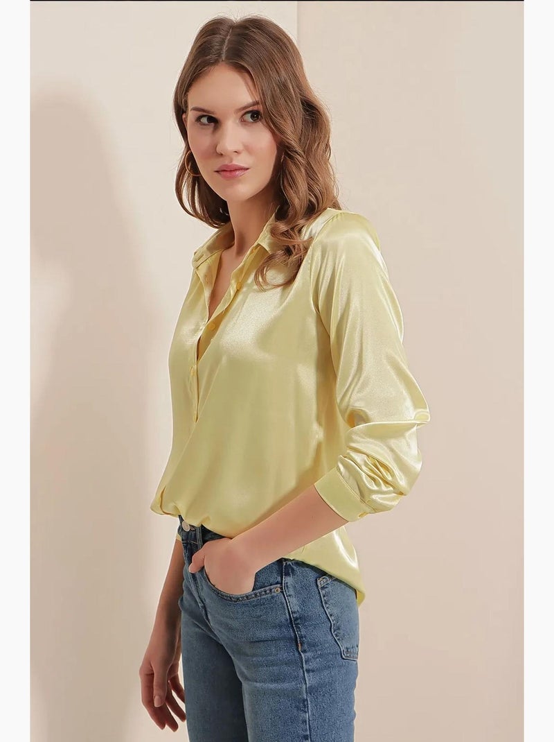 Camisa de botones de satén tejido bdart Amarillo limón - Kiabi
