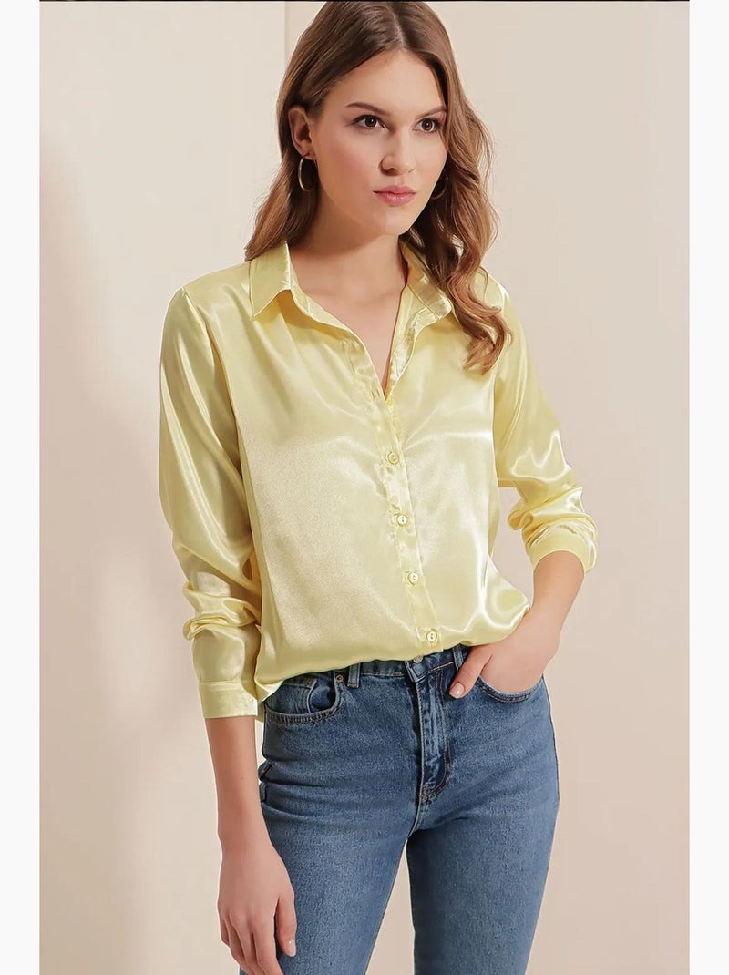 Camisa de botones de satén tejido bdart Amarillo limón - Kiabi