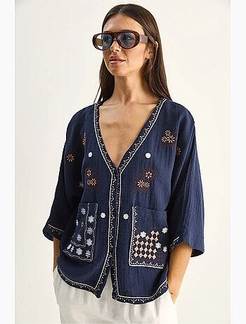Camisa de crepé de algodón bordado con cuello en v lucci
