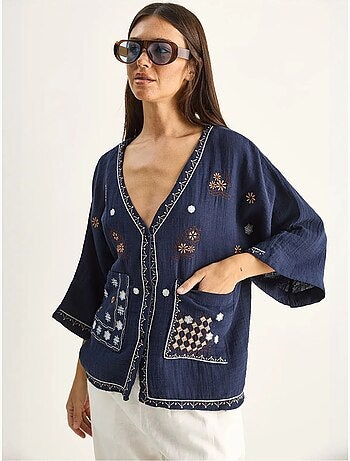Camisa de crepé de algodón bordado con cuello en v lucci