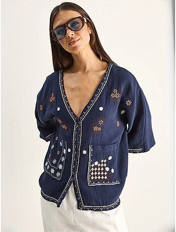 Camisa de crepé de algodón bordado con cuello en v lucci