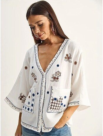 Camisa de crepé de algodón bordado con cuello en v lucci