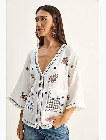 Camisa de crepé de algodón bordado con cuello en v lucci