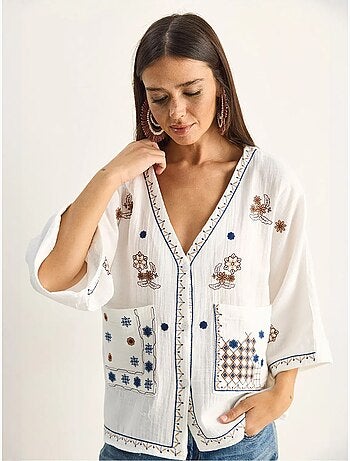 Camisa de crepé de algodón bordado con cuello en v lucci