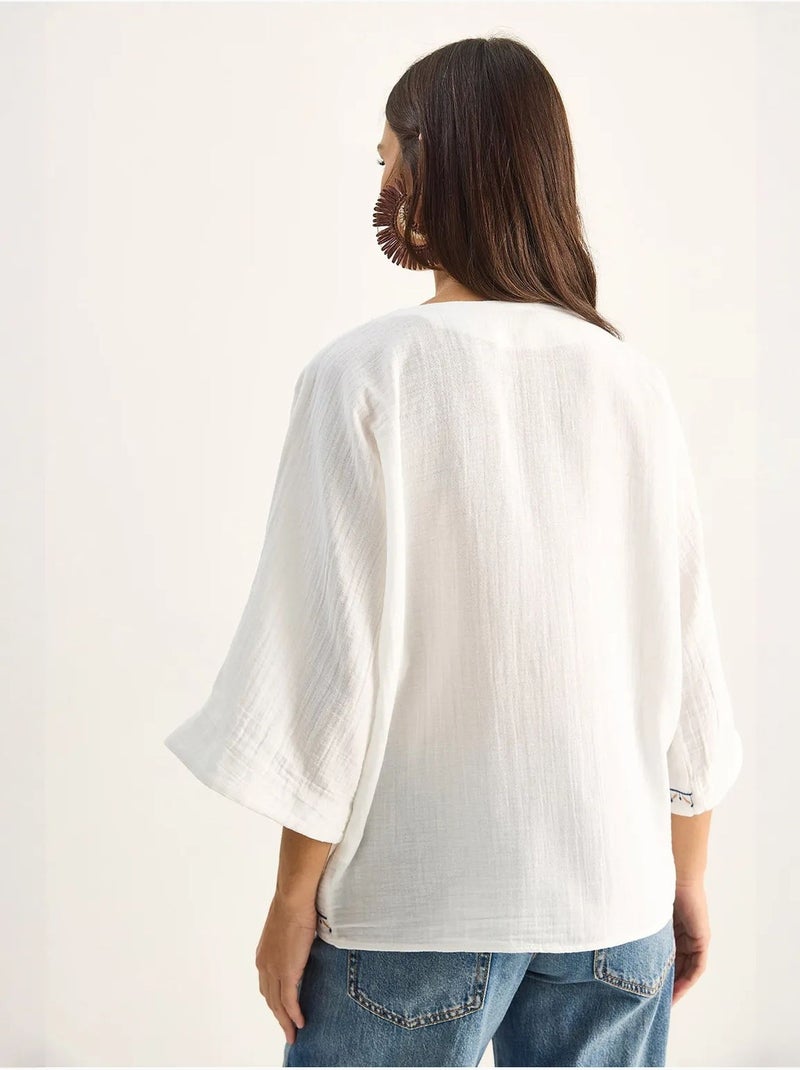 Camisa de crepé de algodón bordado con cuello en v lucci Blanco - Kiabi