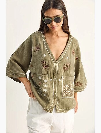 Camisa de crepé de algodón bordado con cuello en v lucci