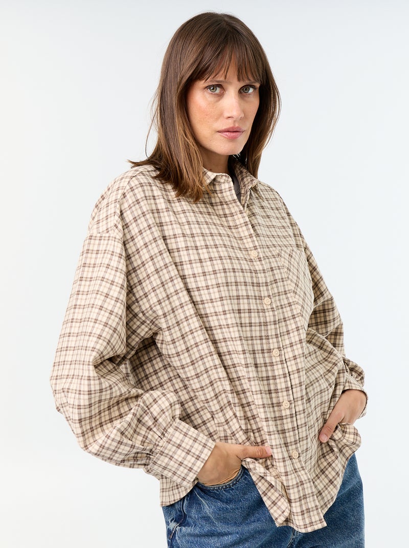 Camisa de cuadros de manga larga Beige - Kiabi