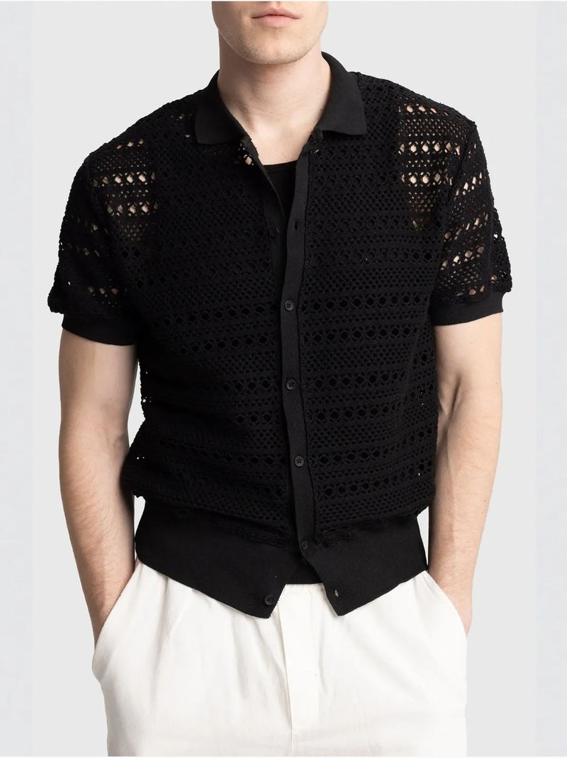 Camisa de cuello polo de punto texturizado con cierre de botones giesto Negro - Kiabi