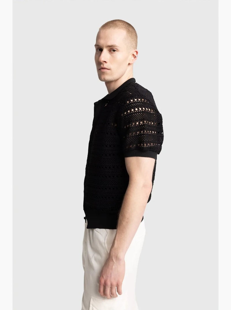 Camisa de cuello polo de punto texturizado con cierre de botones giesto Negro - Kiabi