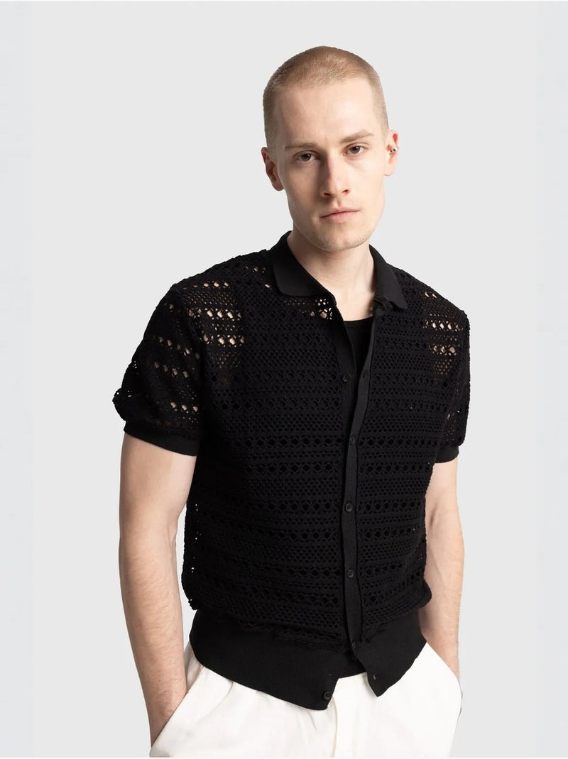 Camisa de cuello polo de punto texturizado con cierre de botones giesto Negro - Kiabi