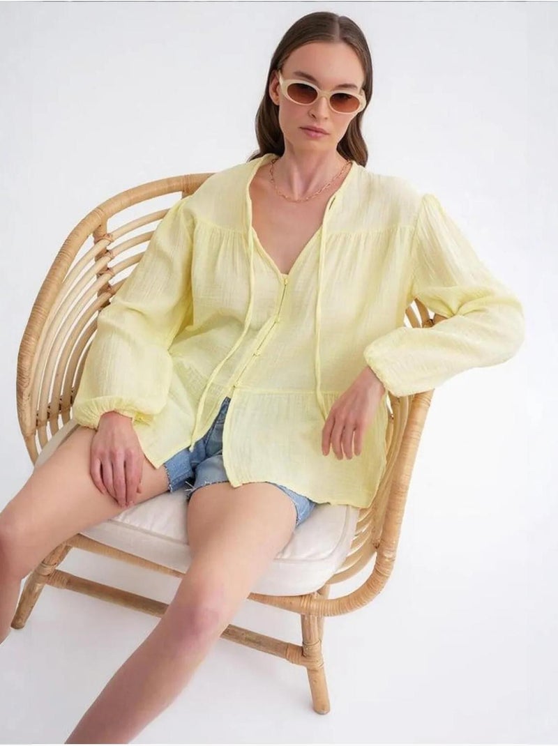 Camisa de cuello redondo con mangas tres cuartos y detalle de ribete de seersucker de mixray Amarillo limón - Kiabi