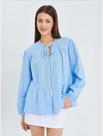Camisa de cuello redondo con mangas tres cuartos y detalle de ribete de seersucker de mixray