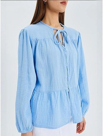 Camisa de cuello redondo con mangas tres cuartos y detalle de ribete de seersucker de mixray