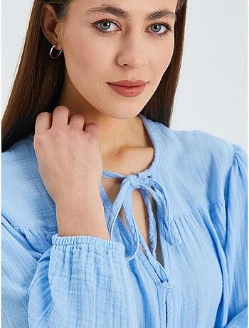 Camisa de cuello redondo con mangas tres cuartos y detalle de ribete de seersucker de mixray