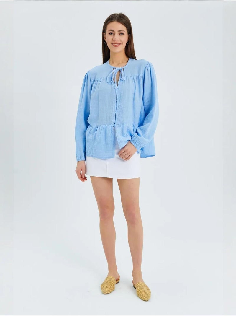 Camisa de cuello redondo con mangas tres cuartos y detalle de ribete de seersucker de mixray Azul cielo - Kiabi