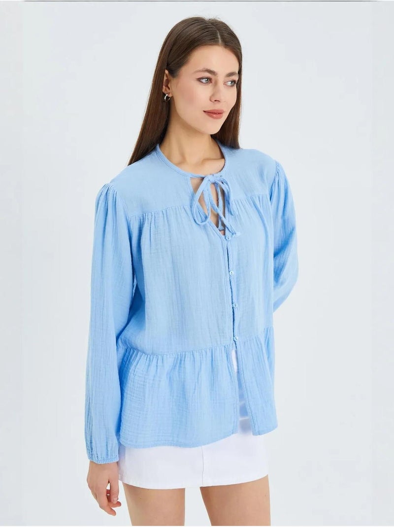 Camisa de cuello redondo con mangas tres cuartos y detalle de ribete de seersucker de mixray Azul cielo - Kiabi