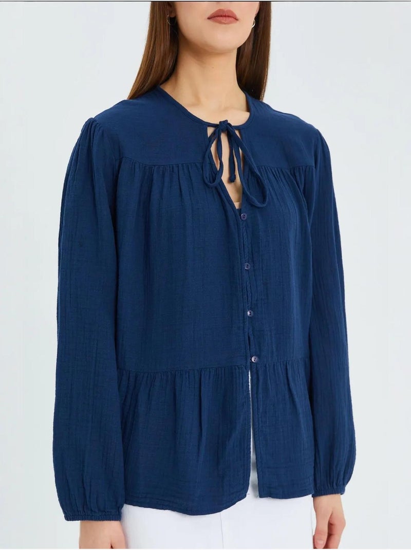 Camisa de cuello redondo con mangas tres cuartos y detalle de ribete de seersucker de mixray Azul marino - Kiabi