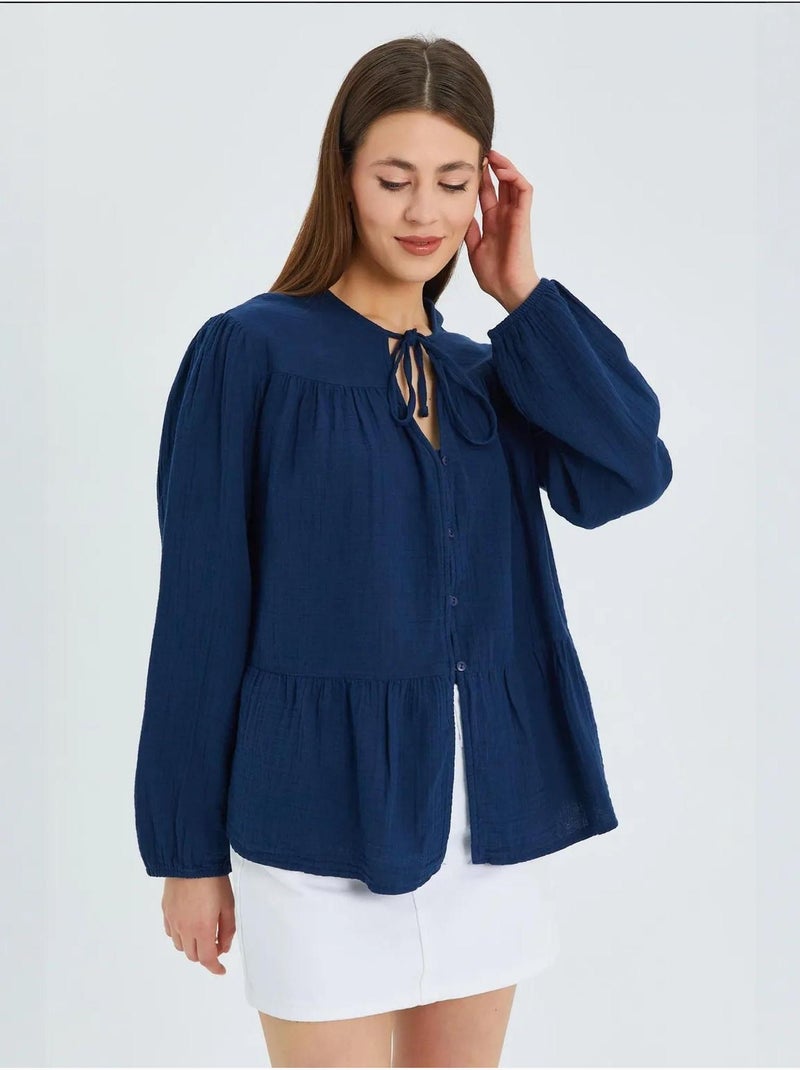 Camisa de cuello redondo con mangas tres cuartos y detalle de ribete de seersucker de mixray Azul marino - Kiabi