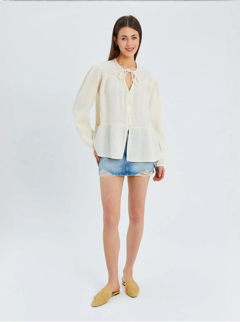 Camisa de cuello redondo con mangas tres cuartos y detalle de ribete de seersucker de mixray Beige - Kiabi