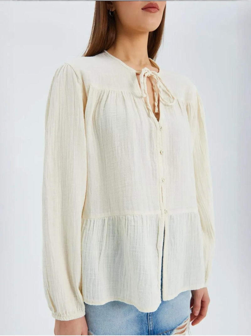 Camisa de cuello redondo con mangas tres cuartos y detalle de ribete de seersucker de mixray Beige - Kiabi