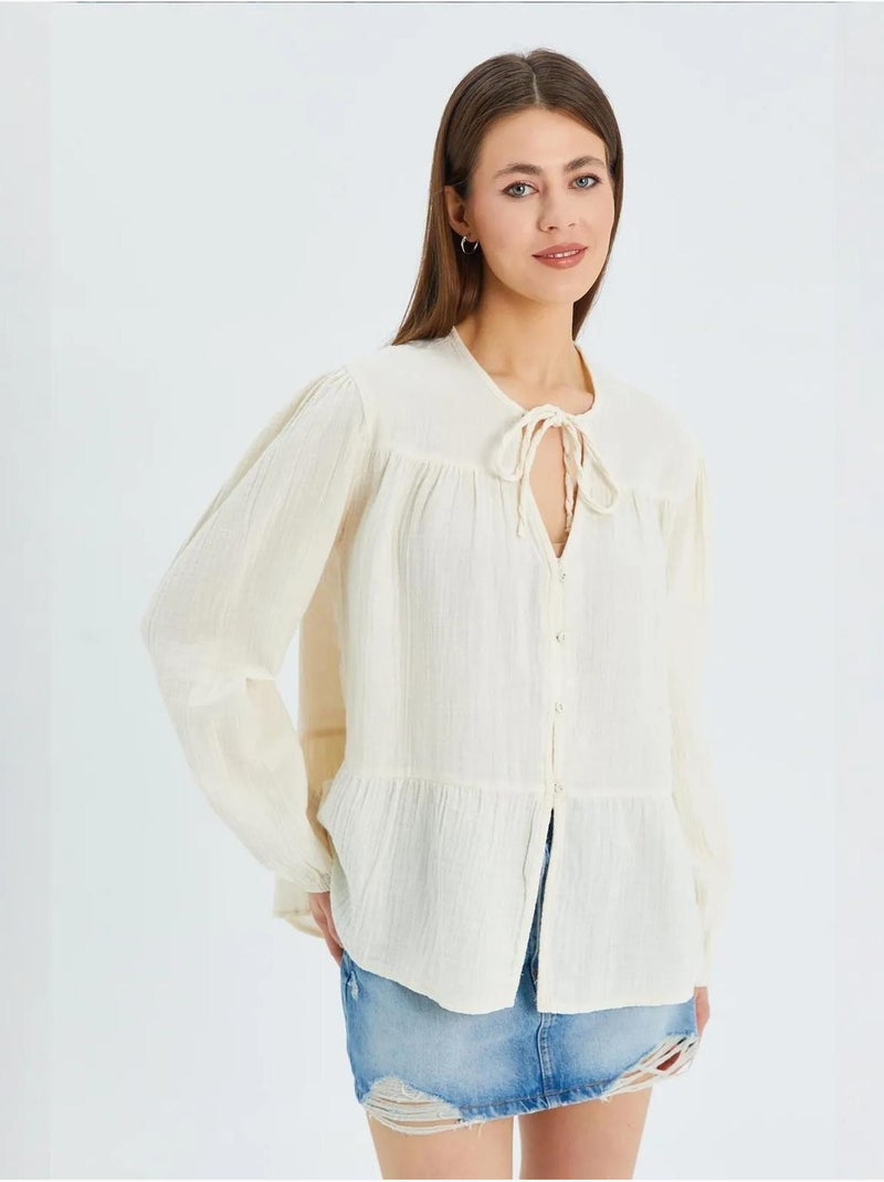 Camisa de cuello redondo con mangas tres cuartos y detalle de ribete de seersucker de mixray Beige - Kiabi