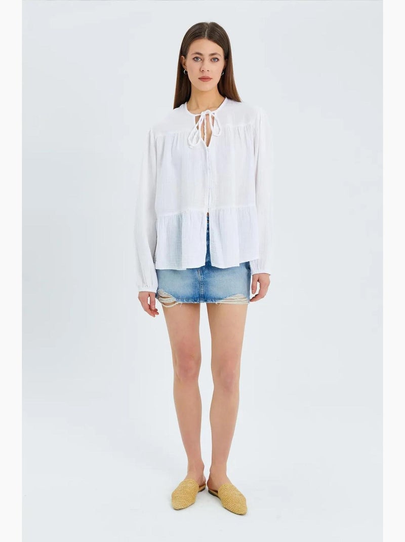 Camisa de cuello redondo con mangas tres cuartos y detalle de ribete de seersucker de mixray Blanco - Kiabi