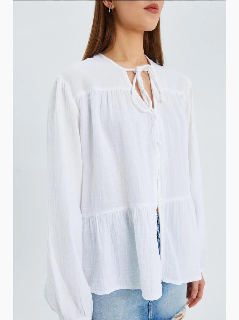 Camisa de cuello redondo con mangas tres cuartos y detalle de ribete de seersucker de mixray Blanco - Kiabi