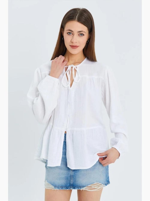 Camisa de cuello redondo con mangas tres cuartos y detalle de ribete de seersucker de mixray - Kiabi Camisa de cuello redondo con mangas tres cuartos y detalle de ribete de seersucker de mixray - Kiabi